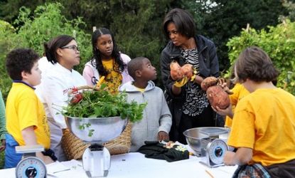 Michelle Obama and local D.C. fifth graders harvest the White House's vegetable garden including sweet potatoes weighing up to four pounds.