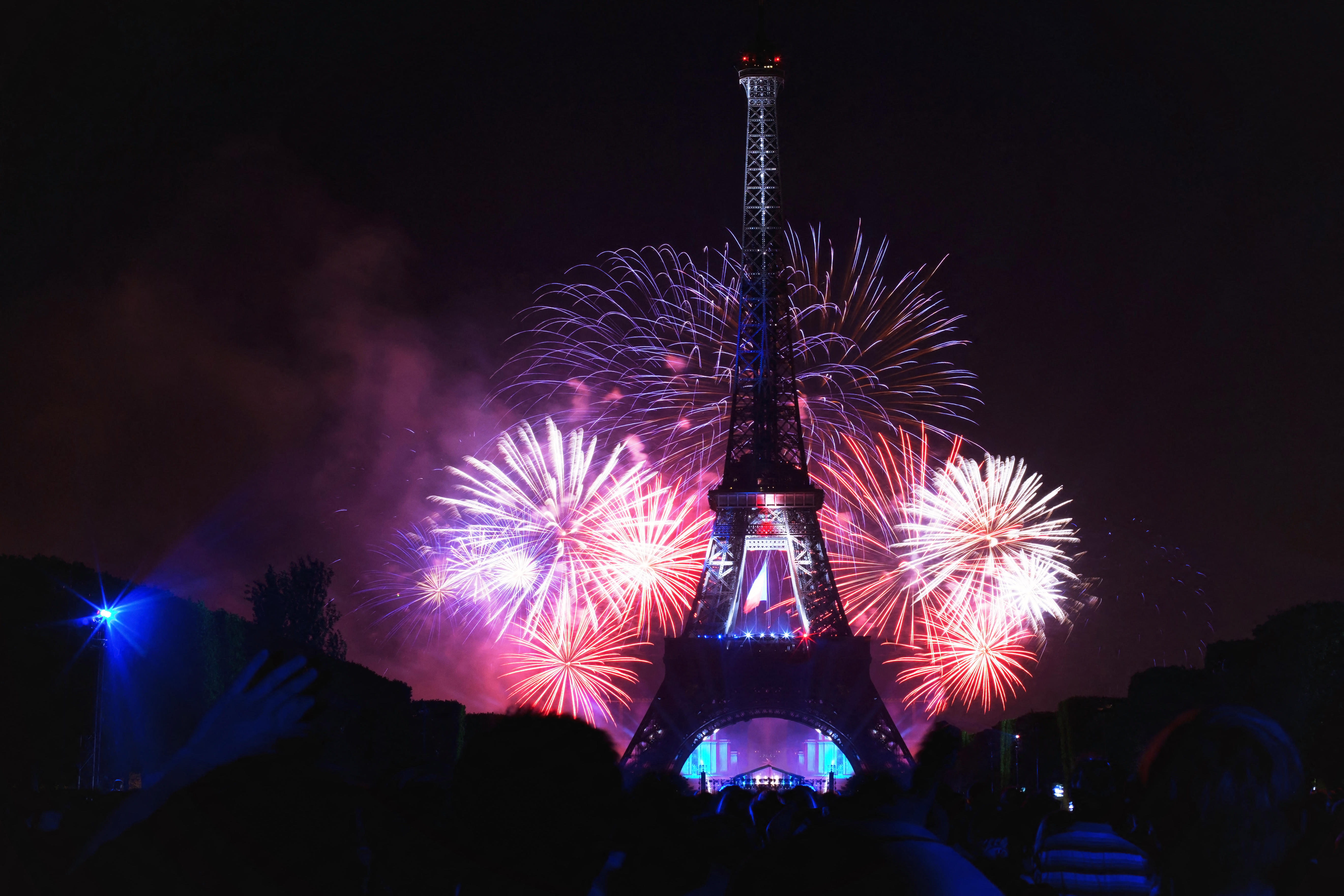 night scene of fireworks at Eiffel Tower in Bastille Day, National Day of France, July 14