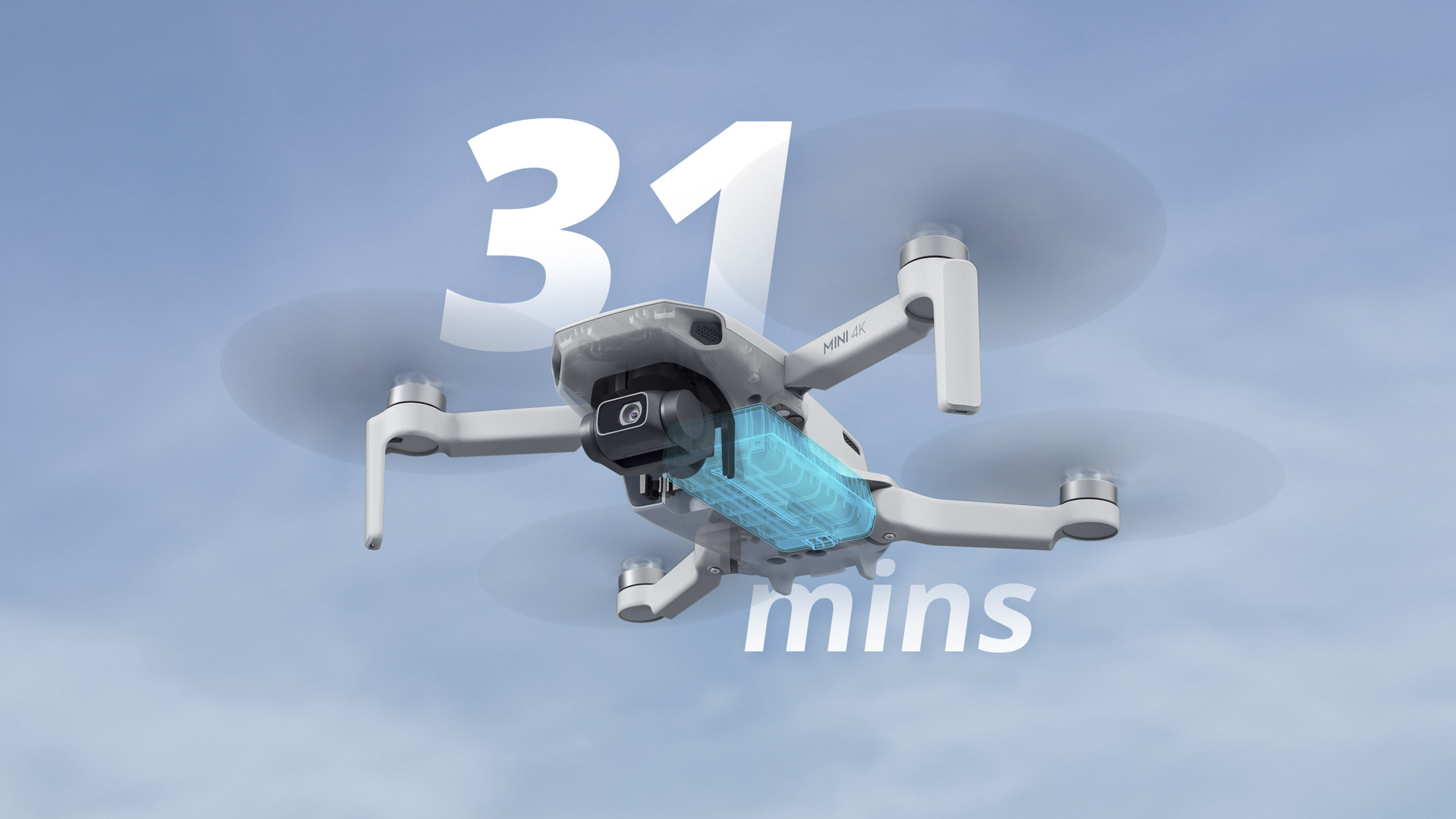 DJI Mini 4K drone in flight with 31 minute battery life