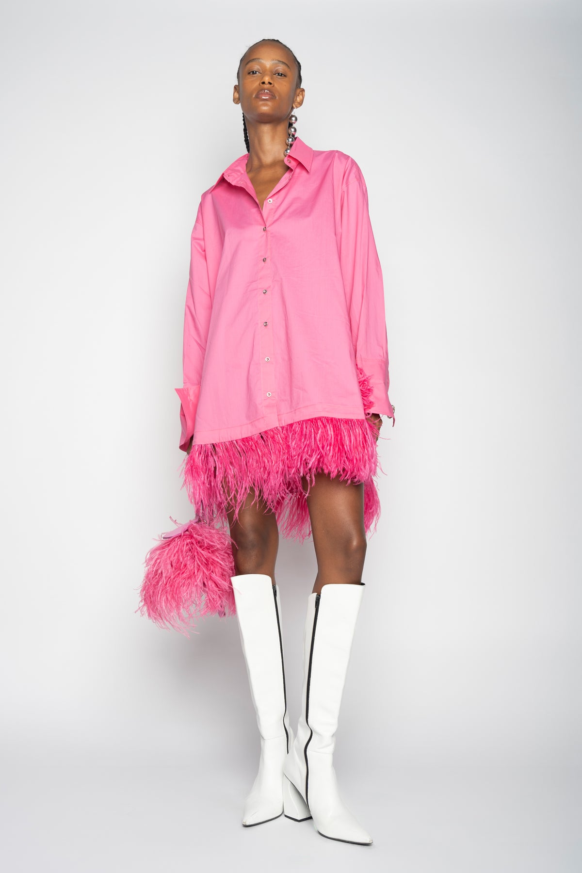 Pink Feather Shirt Dress - 4 / Bright Pink