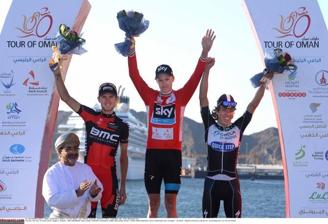 Chris Froome (Sky) flanked by Tejay van Garderen (BMC) and Rigoberto Uran (Omega Pharma-QuickStep).