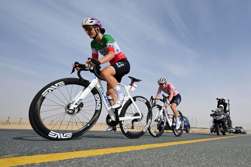 ABU DHABI UNITED ARAB EMIRATES FEBRUARY 07 LR Elisa Longo Borghini of Italy and Lara Gillespie of Ireland and UAE Team ADQ compete in the breakaway during the 3rd UAE Tour Women Stage 2 a 111km stage from Al Dhafra Fort to Al Mirfa UCIWWT on February 07 2025 in Abu Dhabi United Arab Emirates Photo by Tim de WaeleGetty Images