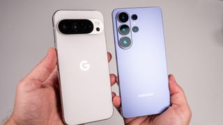 Comparing the back of the white Google Pixel 10 Pro XL with the blue Samsung Galaxy S26 Ultra