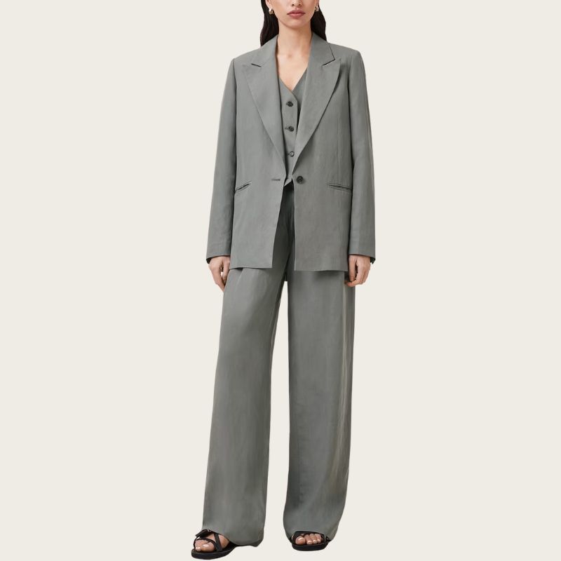 AllSaints Averie Tencel Relaxed Fit Linen Blend Blazer on model 
