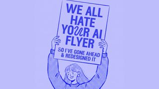 An illustration of a girl holding a poster that reads 'we all hate your AI flyer'