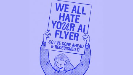 An illustration of a girl holding a poster that reads 'we all hate your AI flyer'