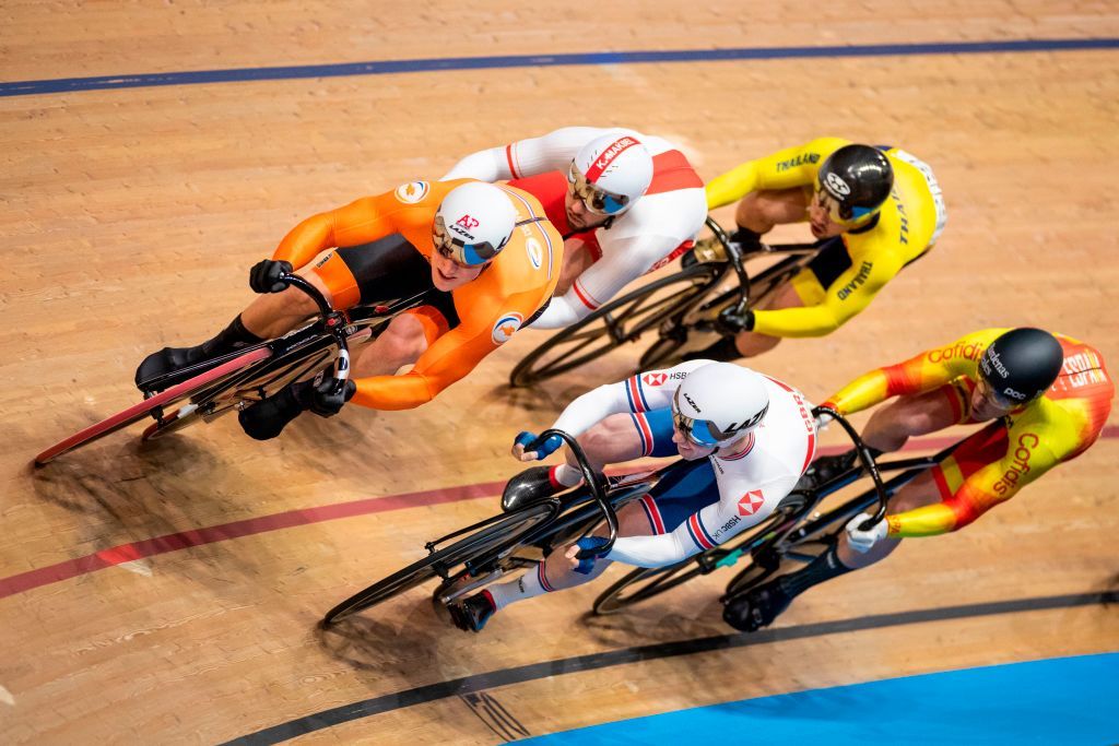 Netherlands Jeffrey Hoogland L and Great Britains Jason Kenny C compete in the Kerin first round during the UCI track cycling World Championship at the velodrome in Berlin on February 27 2020 Photo by Odd ANDERSEN AFP Photo by ODD ANDERSENAFP via Getty Images