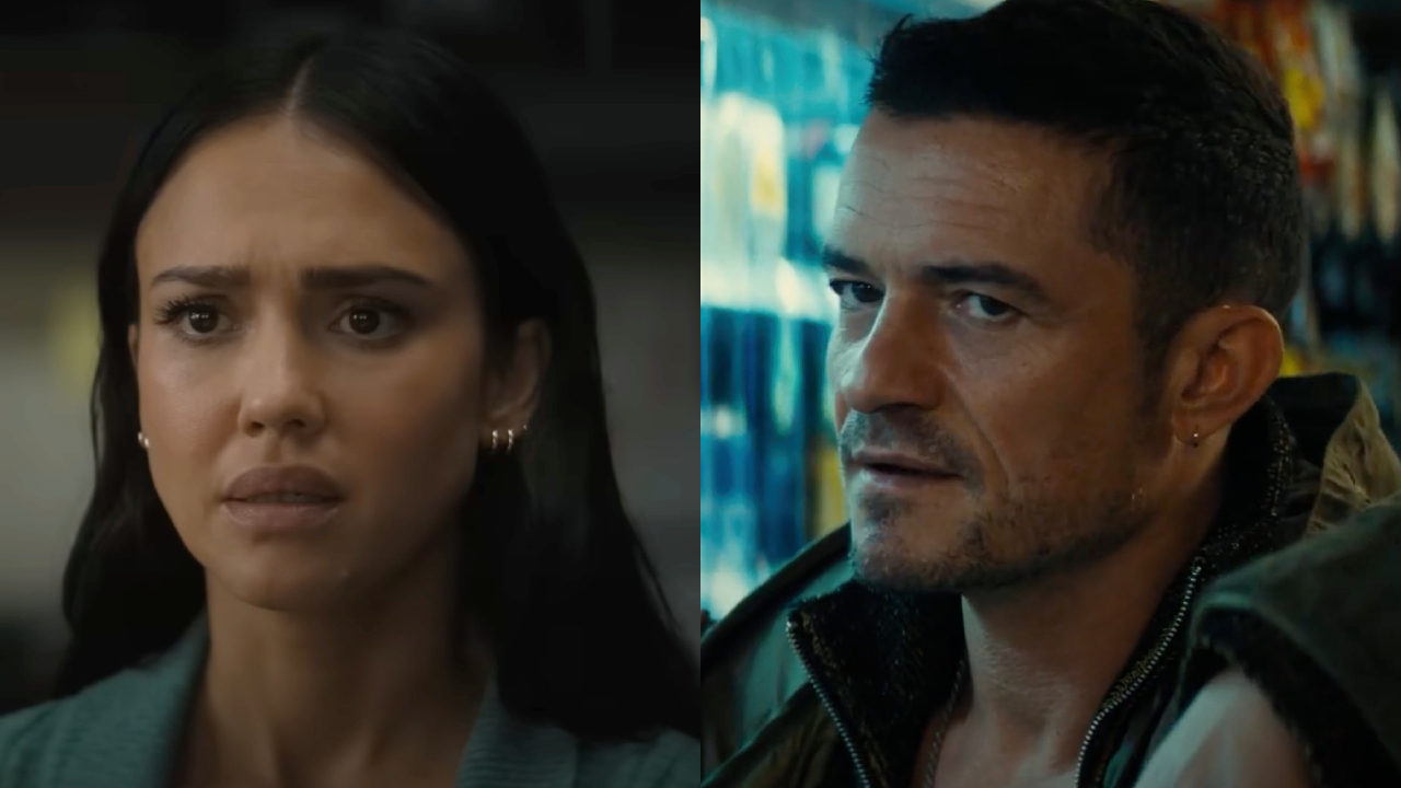 Jessica Alba and Orlando Bloom in a side-by-side photo.