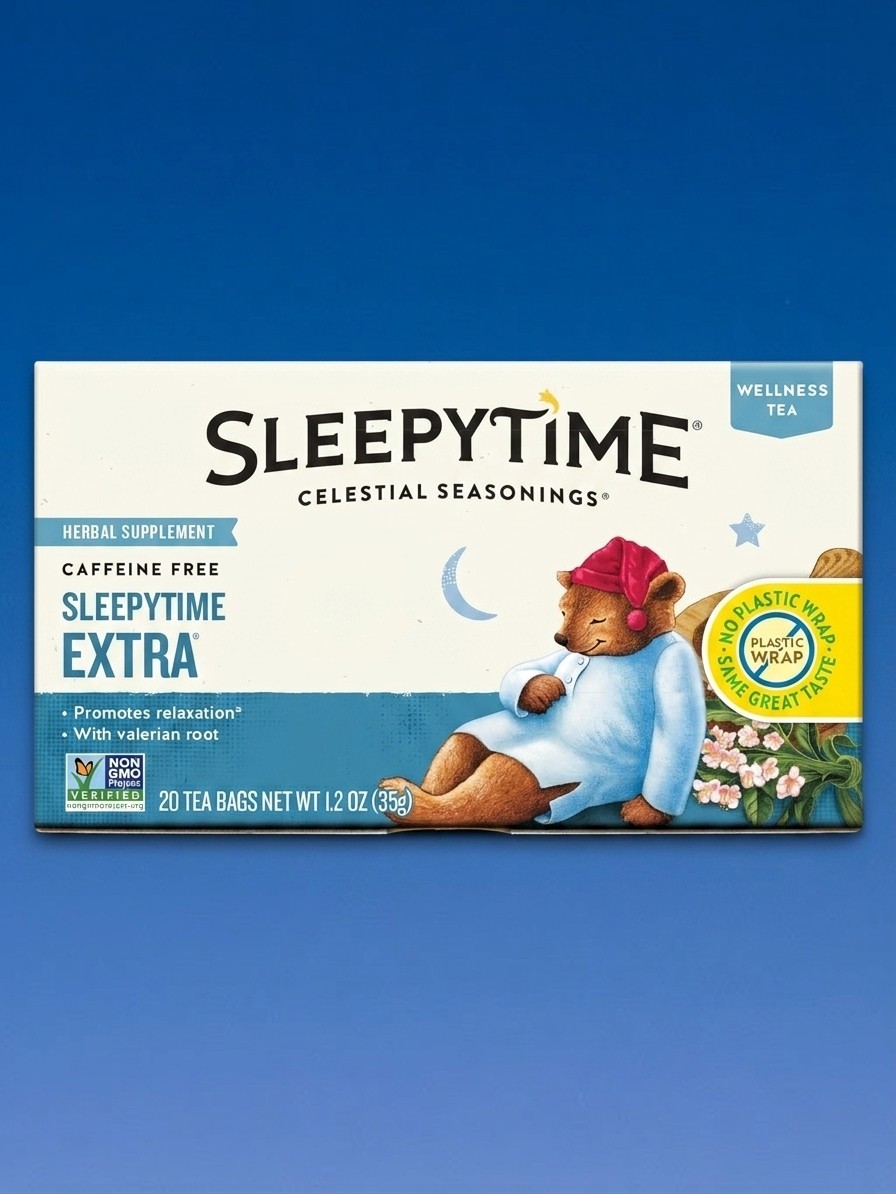 A box of Celestial Seasonings Sleepytime Herbal Tea against a blue sky background, edited by Gemini