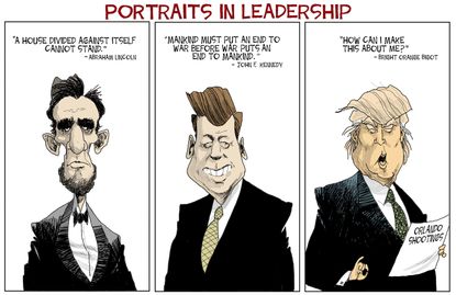 Political cartoon U.S. Lincoln Kennedy Trump leadership