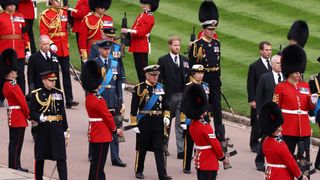 WINDSOR, ENGLAND - SEPTEMBER 19: King Charles lll, Anne, Princess Royal, Andrew, Duke of York, William, Prince of Wales, and Prince Harry, Duke of Sussex attend the Committal Service for Queen Elizabeth II on September 19, 2022 in Windsor, England. The committal service at St George's Chapel, Windsor Castle, took place following the state funeral at Westminster Abbey. A private burial in The King George VI Memorial Chapel followed. Queen Elizabeth II died at Balmoral Castle in Scotland on September 8, 2022, and is succeeded by her eldest son, King Charles III.