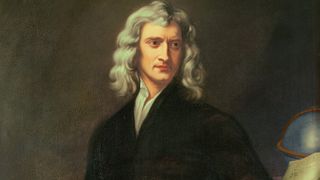 painting of Sir Isaac Newton shows him with shoulder length gray wavy hair.