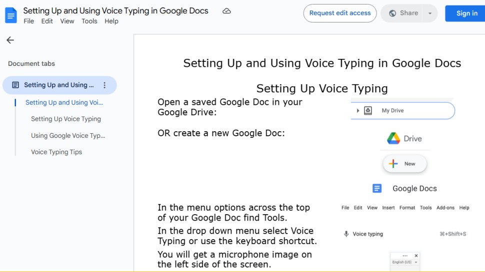 Website screenshot of Google Docs Voice Typing (November, 2025)