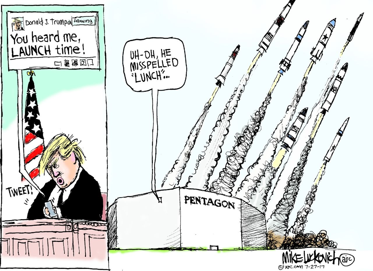 Political cartoon U.S. Trump tweets nuclear missiles