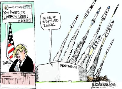 Political cartoon U.S. Trump tweets nuclear missiles