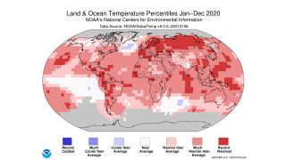 A world map plotted with color blocks depicting percentiles of global average land and ocean temperatures for the full year 2020. Color blocks show increasing warmth, from dark blue (record-coldest area) to dark red (record-warmest area).