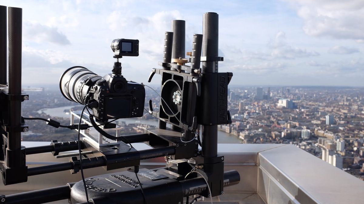 The Nikon D850 and 300mm f/2.8 perched on top of 1 Canada Square, London (Lenstore)