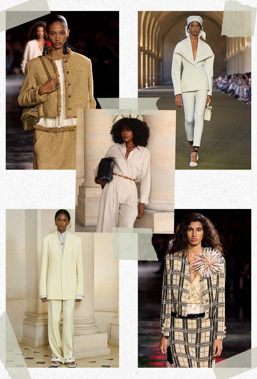 The best 2026 trends and outdated fashion trends, according to the French are shown in a collage of runway images. In the middle, there's a photo of Andrea Mun wearing a beige button-down shirt tucked into matching pleated trousers with a black bag and brown belt. It's surrounded by close-up photos from the runway showing the matching set trend worn by models in the spring 2026 collections of Chanel, Carven, and Jacquemus