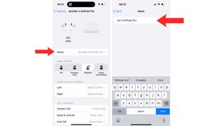 The AirPods Settings screen on an iPhone, with the 'Name' field highlighted. Then, a screen showing the name being changed.