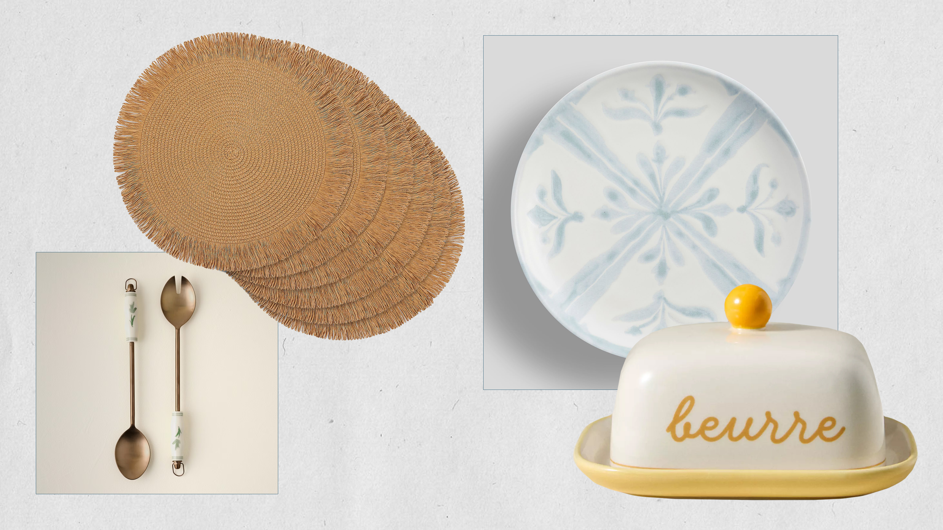 Collage of serving utensils, placemats, plates, and a butter holder from QVC, Anthropologie, Magnolia, and Pottery Barn