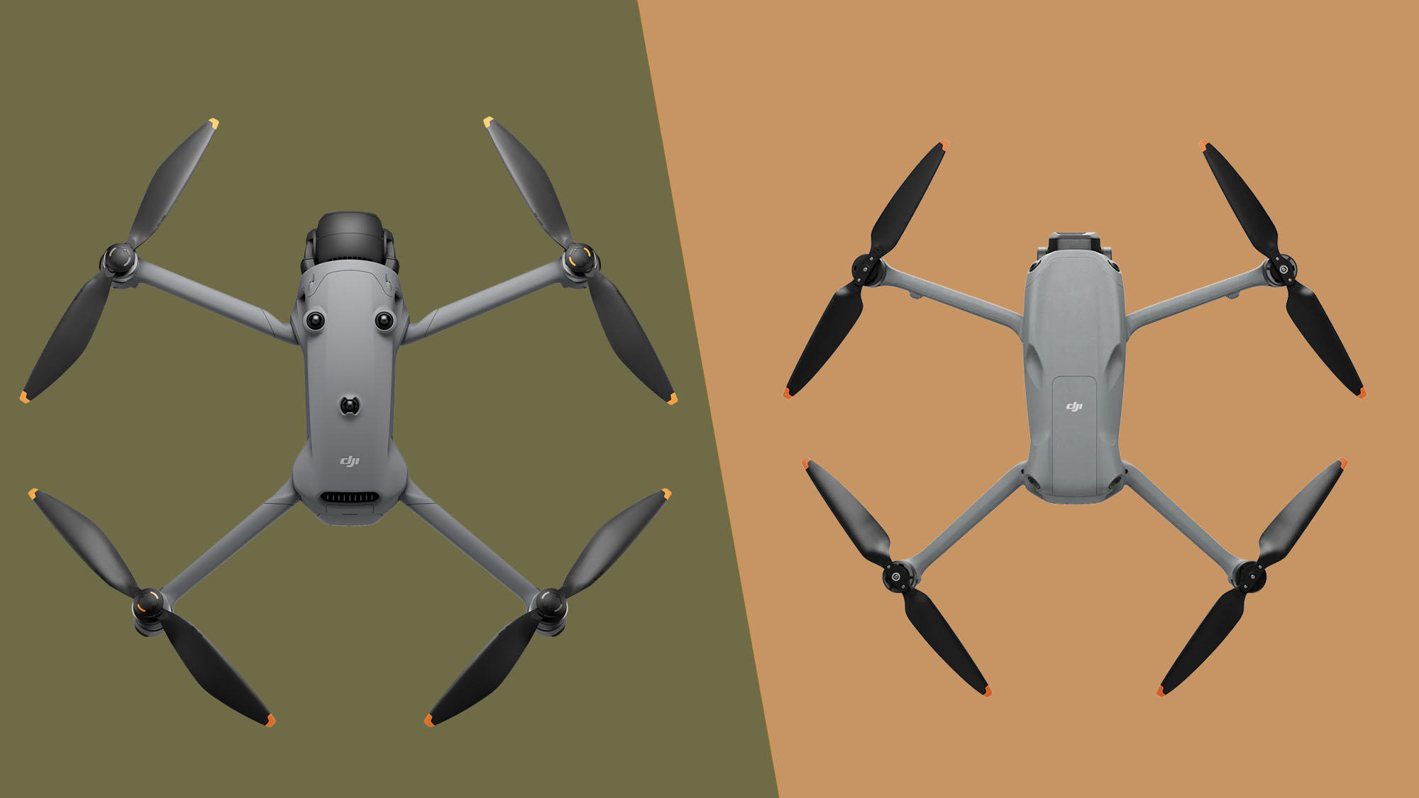 DJI Mavic 4 Pro alongside DJI Air 3S on split color backdrop