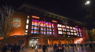 The Main Stand of Anfield, home of Liverpool FC is lit up in rainbow colours to show support for the LGBTQ+ community ahead of the Premier League match between Liverpool and Leeds United on 29 October, 2022 at Anfield in Liverpool, United Kingdom.