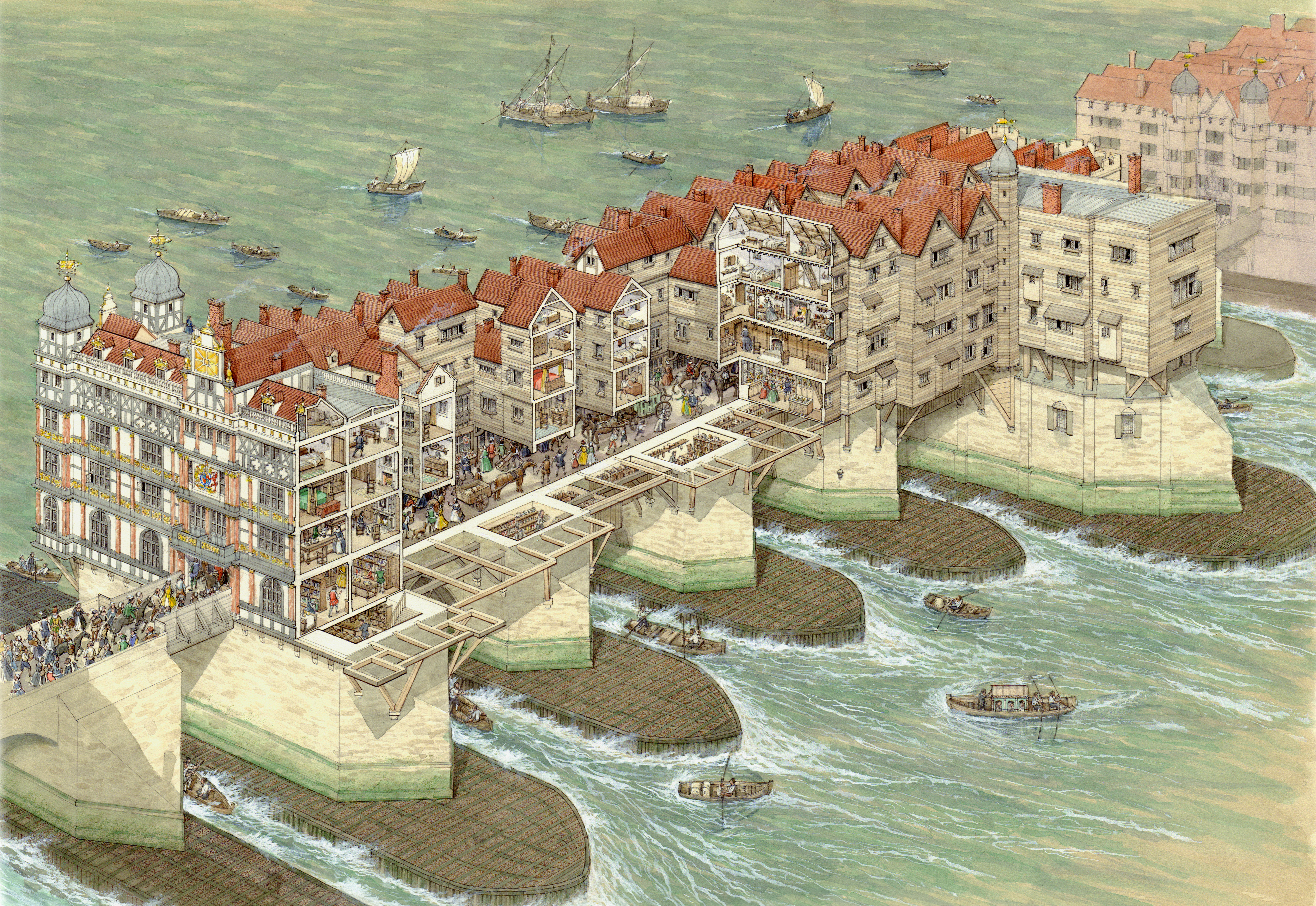 A reconstruction drawing of London Bridge in about 1590 by Stephen Conlin, specially commissioned for Country Life.