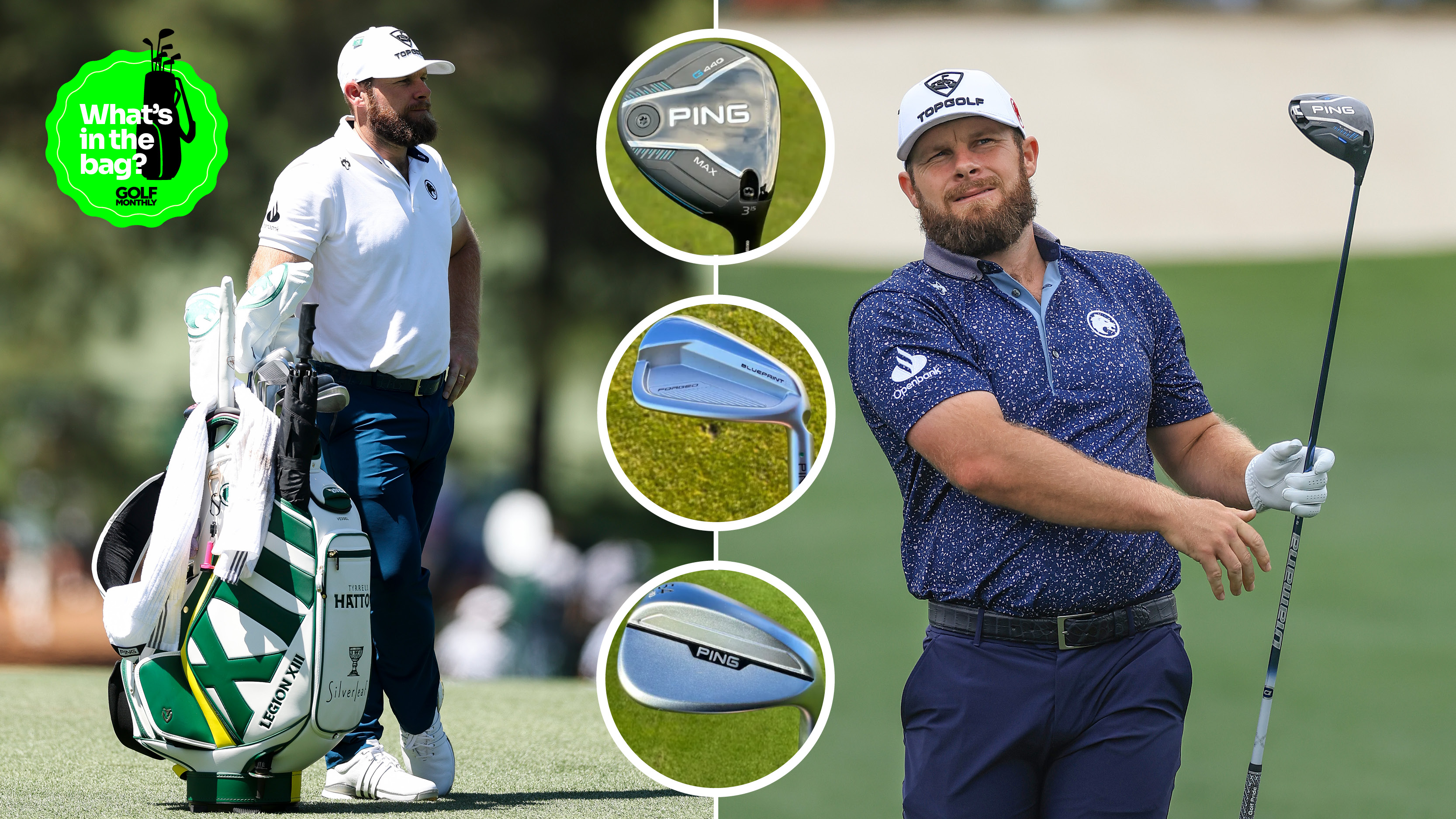 Tyrrell Hatton standing by his bag, hitting a driver shot and three insets of his Ping clubs