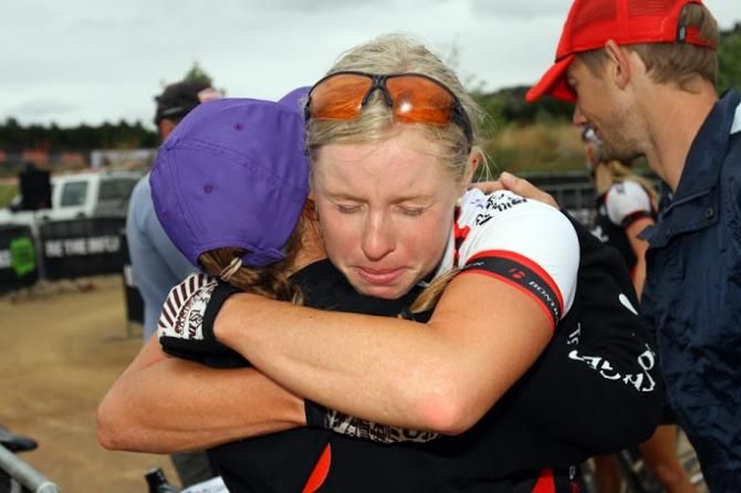 Peta Mullens is congratulated after the finish