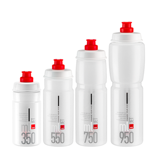 Elite Jet clear water bottles lined up in size order from 350 to 550 to 750 then 950ml