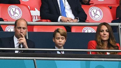 l to r prince william, duke of cambridge, prince george of cambridge, and catherine, duchess of cambridge, during the uefa euro 2020 round of 16 football match between england and germany at wembley stadium in london on june 29, 2021 photo by justin tallis pool afp photo by justin tallispoolafp via getty images