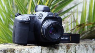 Blackmagic Pocket Cinema Camera 6K Pro, one of the best 4K cameras, on a half-wall