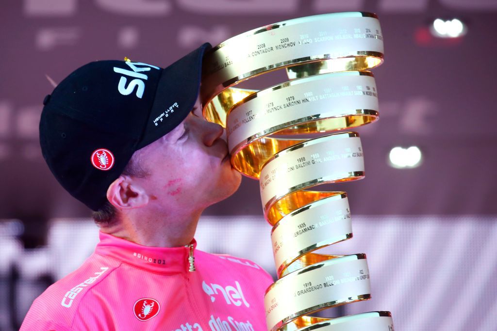 Chris Froome (Team Sky) with the Giro trophy