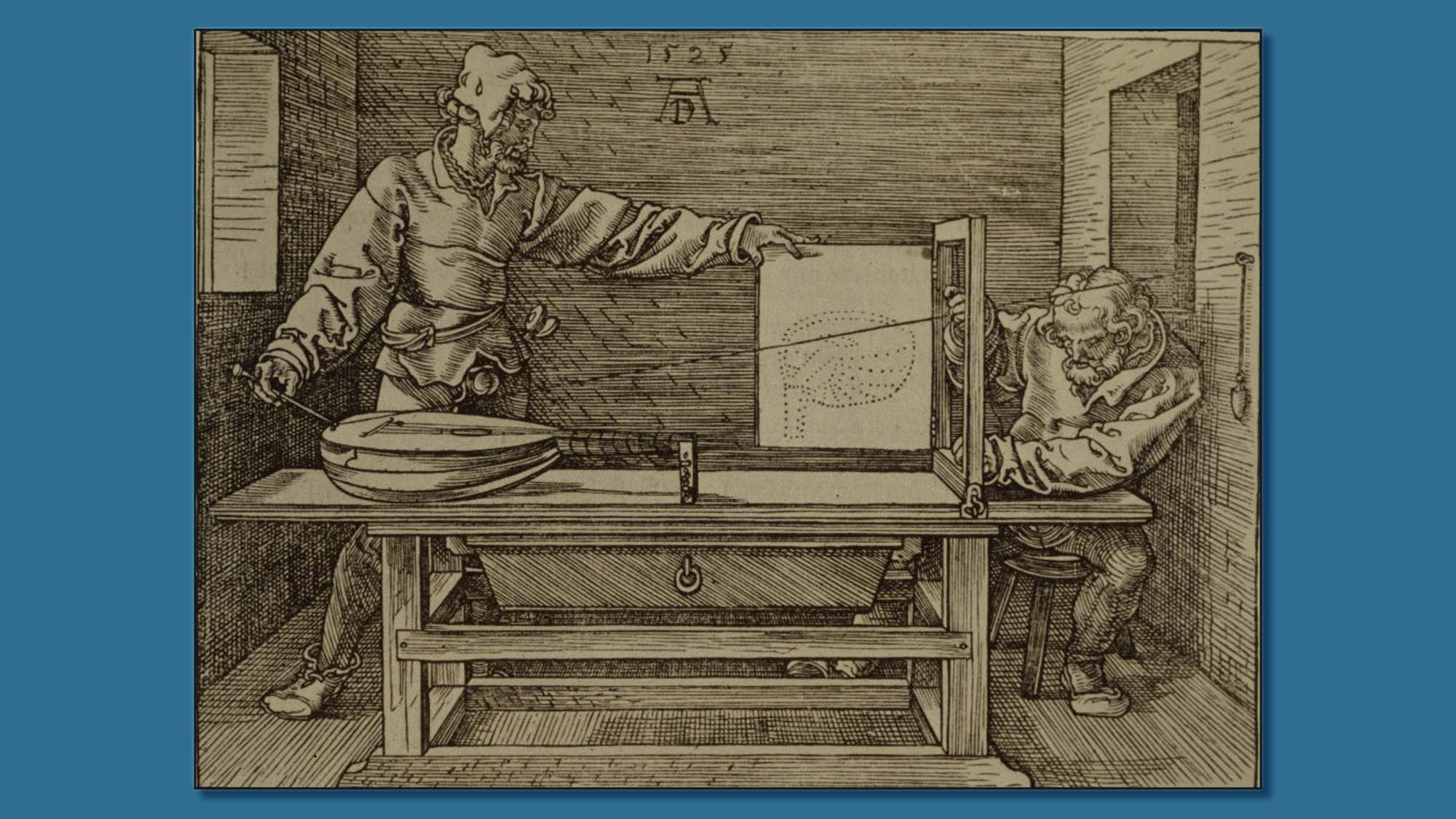An artist and apprentice use a taut string and perspectival window to draw a foreshortened image of a lute.