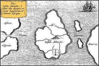 A 1669 map by Athanasius Kircher put Atlantis in the middle of the Atlantic Ocean. The map is oriented with south at the top.
