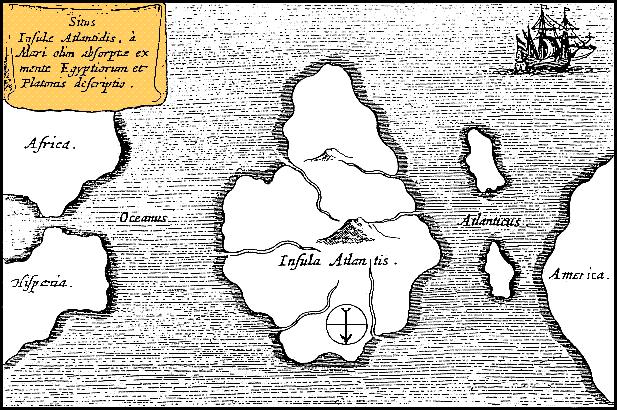 A 1669 map by Athanasius Kircher put Atlantis in the middle of the Atlantic Ocean. The map is oriented with south at the top.