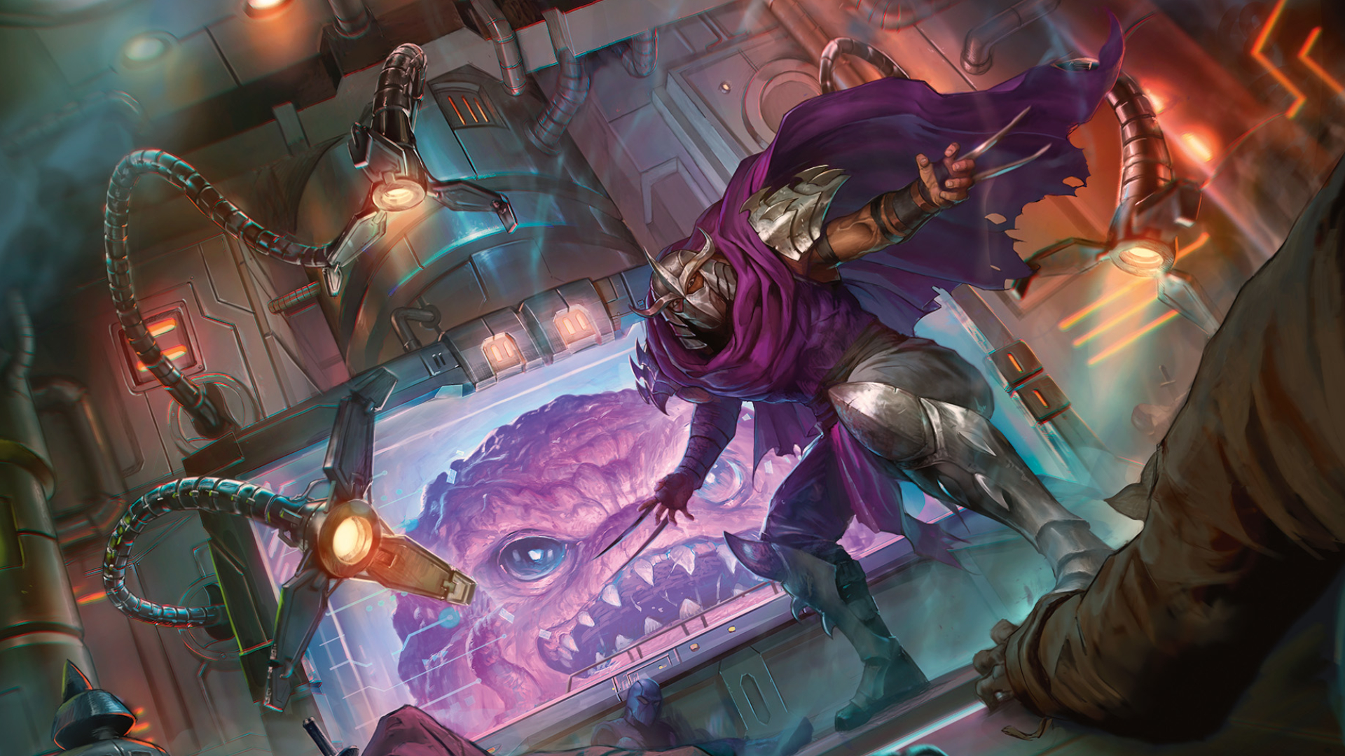 Shredder stands with arms outstretched in a dimly lit lab