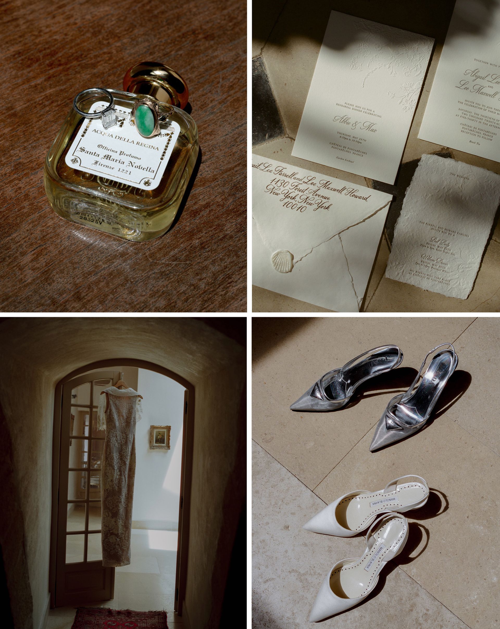 Collage of items in Abbie's getting-ready suite before her wedding.