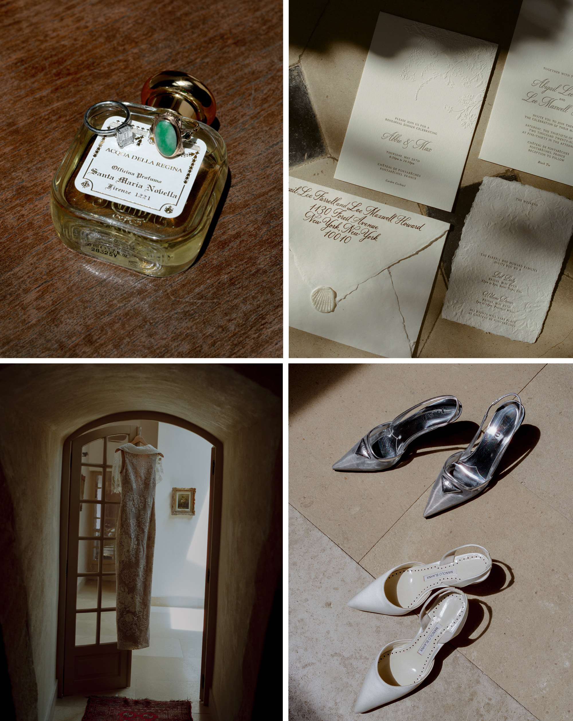 Collage of items in Abbie's getting-ready suite before her wedding.