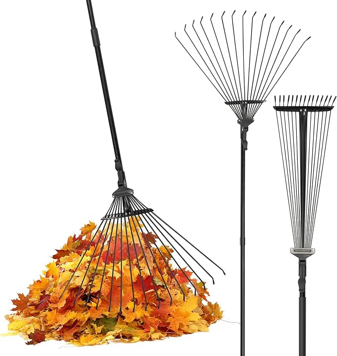 Pelle &amp;amp; Sol Garden Rake - 38-63 Inch Adjustable Lawn Rake for Gardening, Grass W/ 25 Tines for Yard Clean Up - Garden Rakes for Leaves, Lawn Leveller, Yard Clean Up Tool - Black