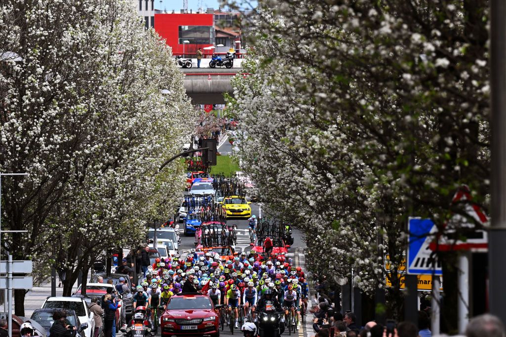 IRUN SPAIN APRIL 02 Primoz Roglic of Slovenia and Team BORA hansgrohe Yellow Leader Jersey and a general view of the peloton prior to the 63rd Itzulia Basque Country 2024 Stage 2 a 160km stage from Irun to Kanbo UCIWWT on April 02 2024 in Irun Spain Photo by Tim de WaeleGetty Images