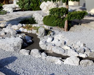 Modern front yard with garden and boulders