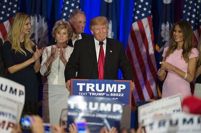 Donald Trump gives his victory speech after his win in the South Carolina Republican primary