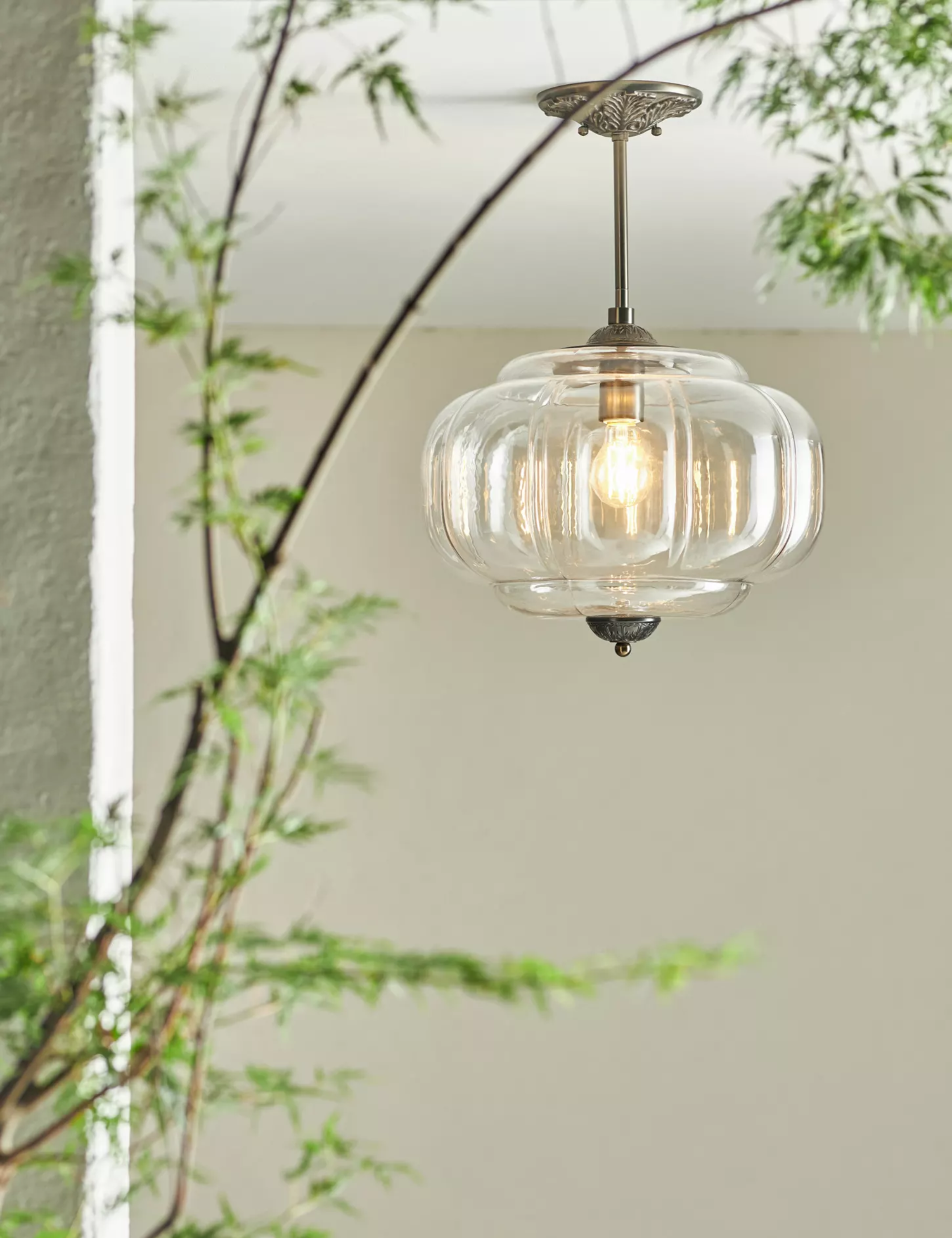 Outdoor Eloise ceiling light by Anthropologie hanging in a white plaster patio area with leafy trees