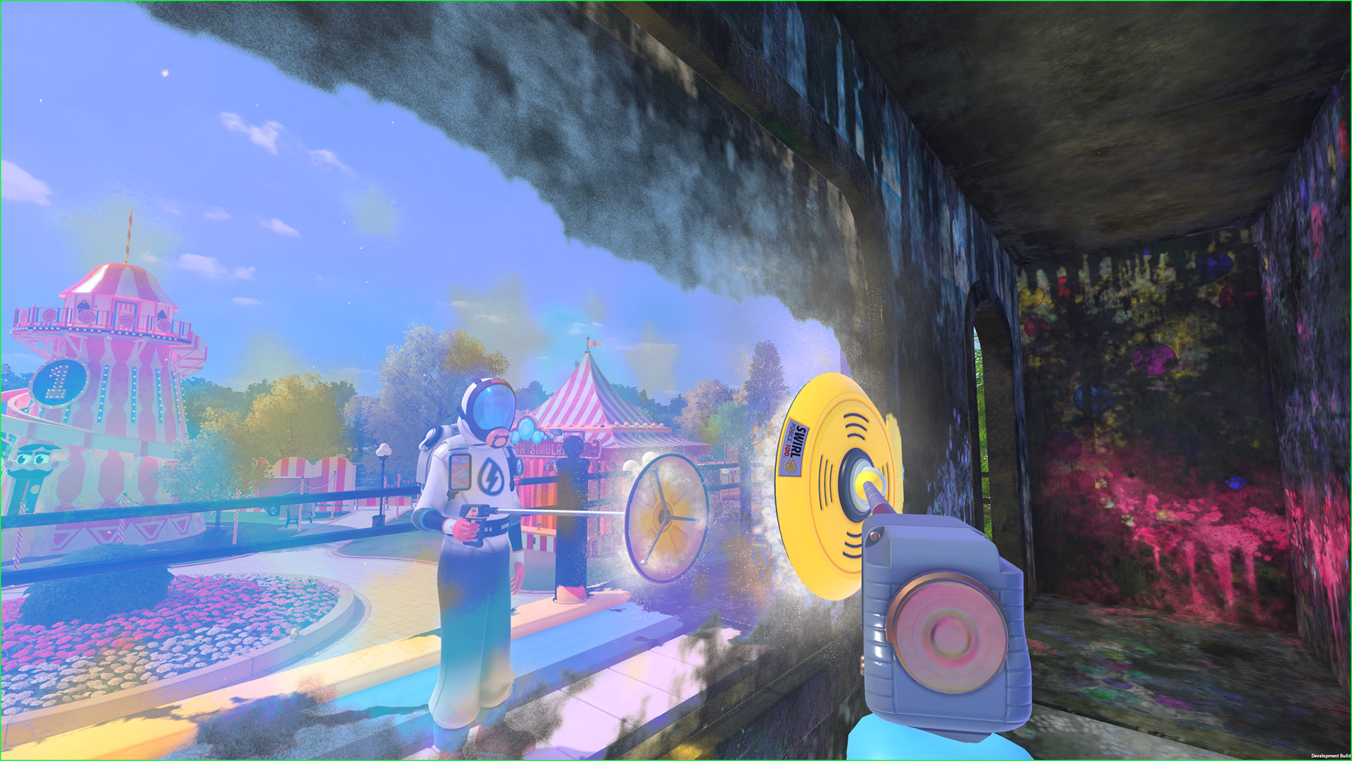 Using the surface cleaner on the opposite side of a dirty window to another operative in PowerWash Simulator 2