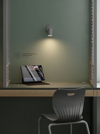 detail of desk in modern classroom render