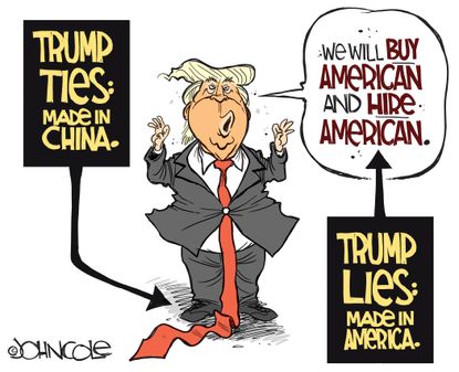 Political cartoon U.S. Trump ties China Buy American lying