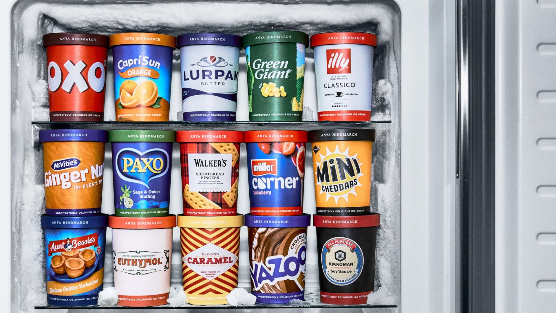 an image of this year's ice cream flavours in branded tubs in a freezer