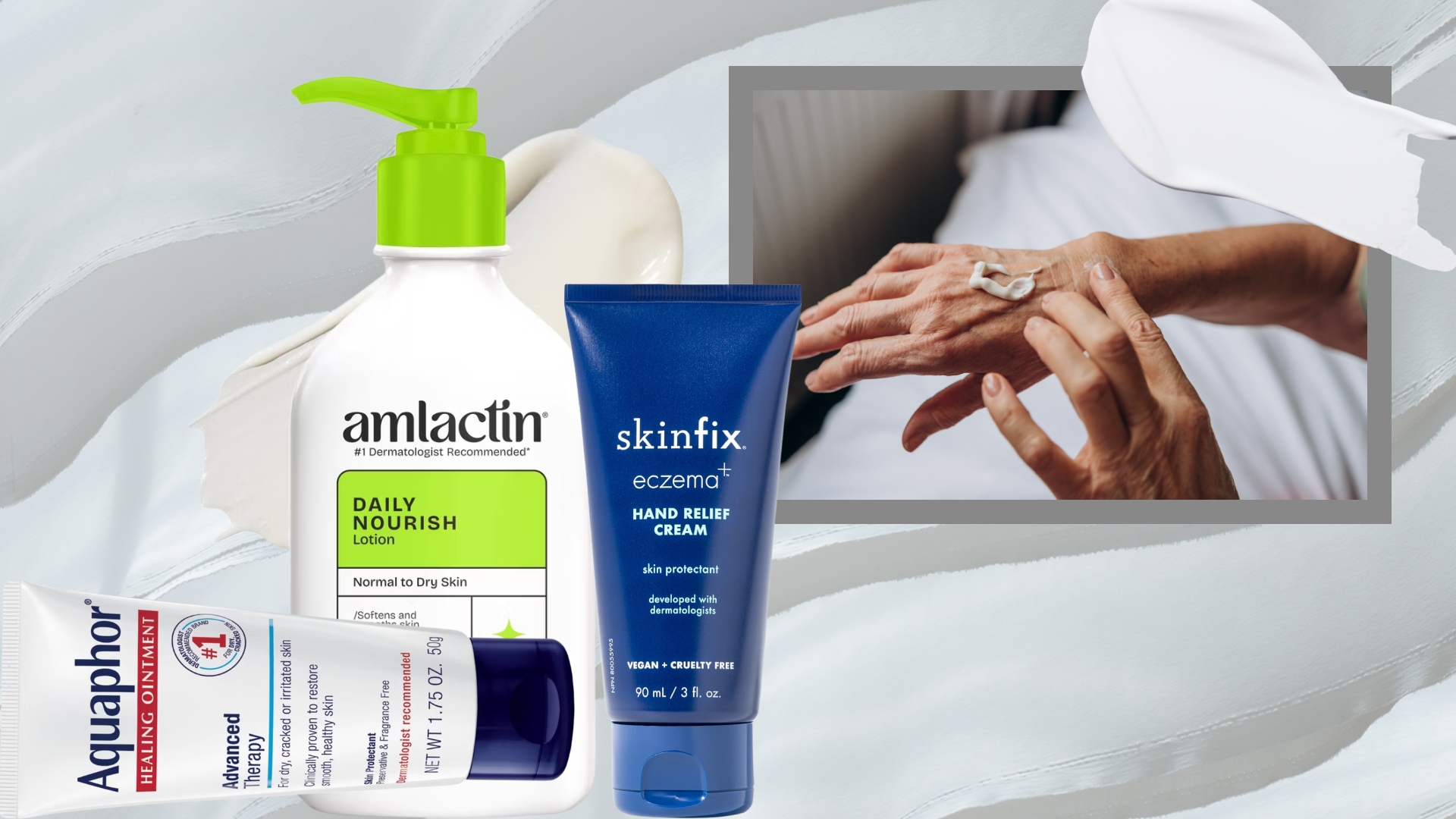 collage of dry hand treatments and a woman applying moisturizer