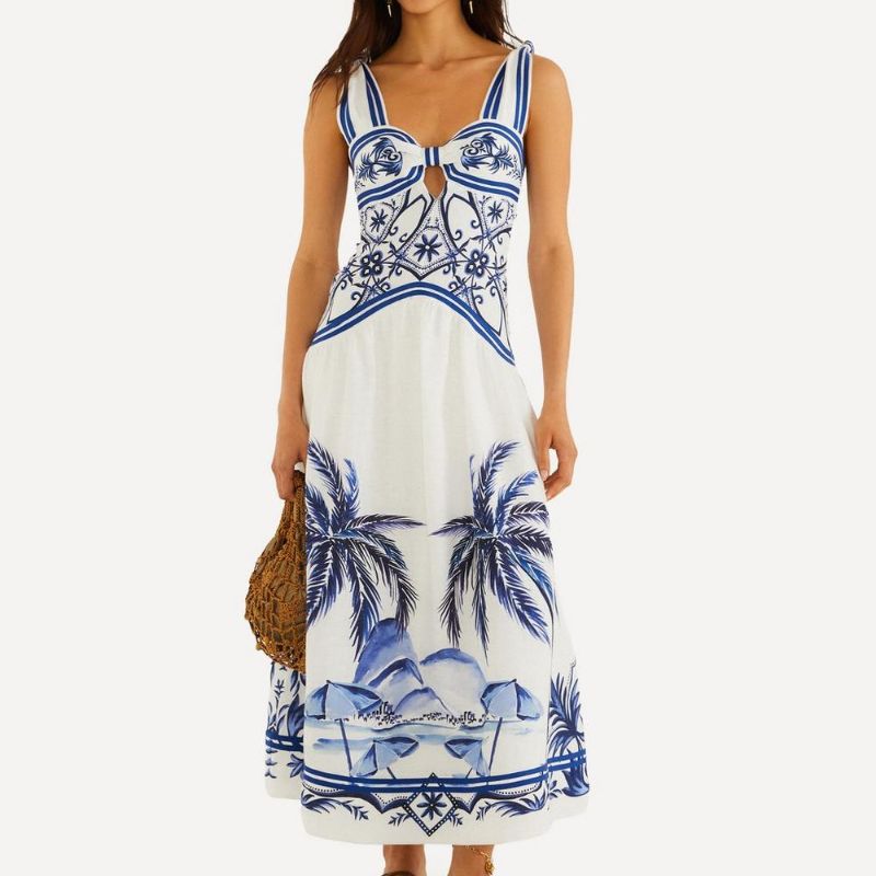Farm Rio, white and blue maxi dress